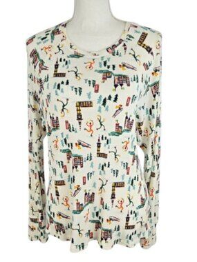 Women’s Waffle Knit Thermal Top Village Print Long Sleeve Petite S